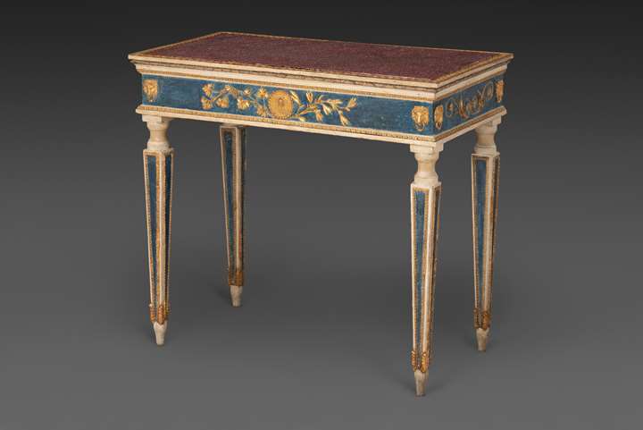 An Italian neoclassical lacca side table with escavation porphyry top